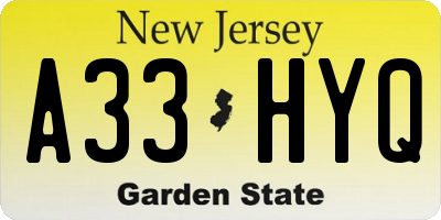 NJ license plate A33HYQ
