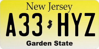 NJ license plate A33HYZ