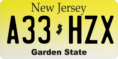 NJ license plate A33HZX