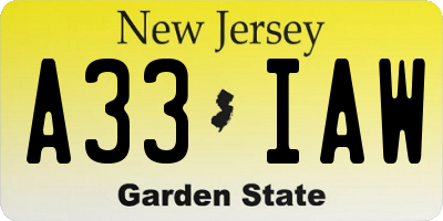 NJ license plate A33IAW