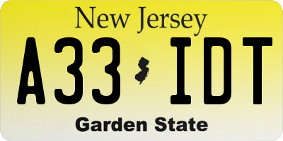 NJ license plate A33IDT