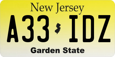 NJ license plate A33IDZ