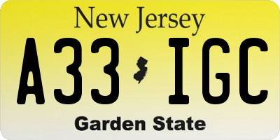 NJ license plate A33IGC