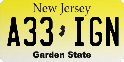NJ license plate A33IGN