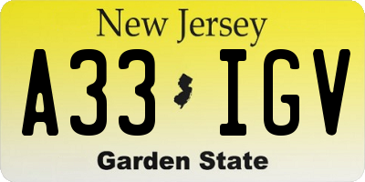 NJ license plate A33IGV