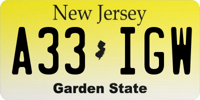 NJ license plate A33IGW
