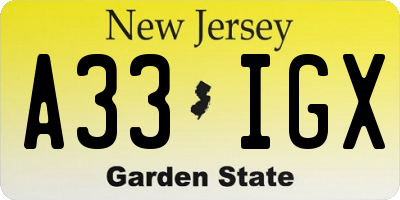 NJ license plate A33IGX