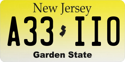 NJ license plate A33IIO