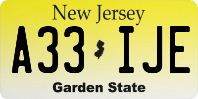 NJ license plate A33IJE
