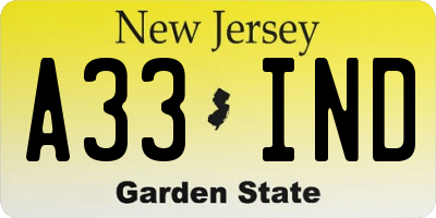 NJ license plate A33IND