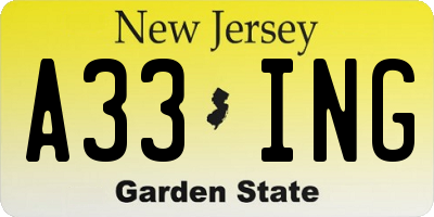 NJ license plate A33ING