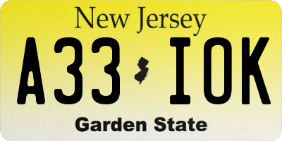 NJ license plate A33IOK