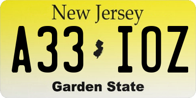 NJ license plate A33IOZ