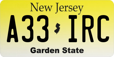NJ license plate A33IRC