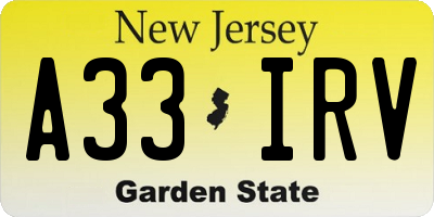 NJ license plate A33IRV