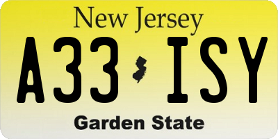 NJ license plate A33ISY