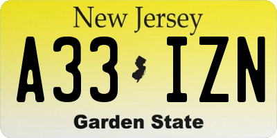 NJ license plate A33IZN