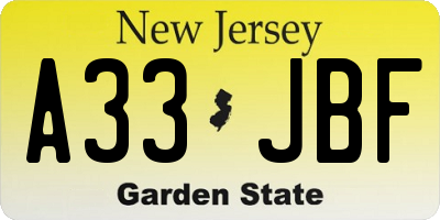 NJ license plate A33JBF