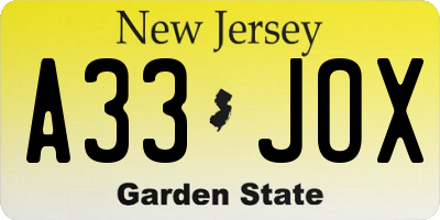 NJ license plate A33JOX