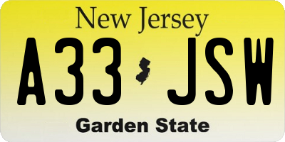 NJ license plate A33JSW