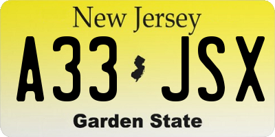 NJ license plate A33JSX