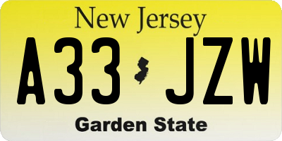 NJ license plate A33JZW