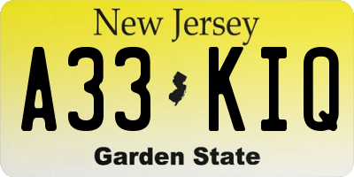 NJ license plate A33KIQ