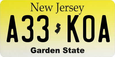 NJ license plate A33KOA