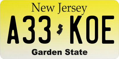 NJ license plate A33KOE