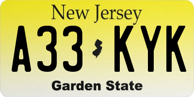 NJ license plate A33KYK