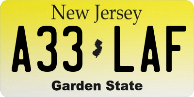 NJ license plate A33LAF