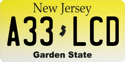 NJ license plate A33LCD