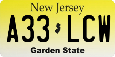 NJ license plate A33LCW