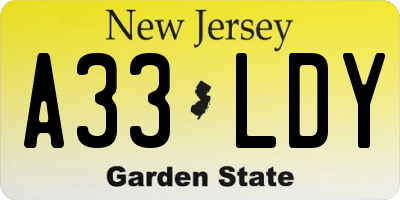 NJ license plate A33LDY