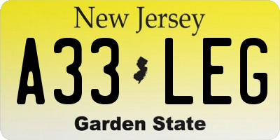 NJ license plate A33LEG