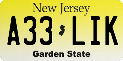 NJ license plate A33LIK