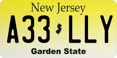 NJ license plate A33LLY