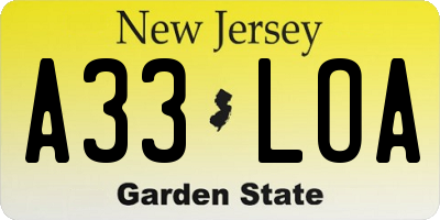 NJ license plate A33LOA