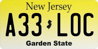 NJ license plate A33LOC