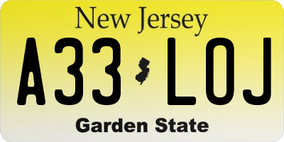 NJ license plate A33LOJ