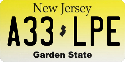 NJ license plate A33LPE