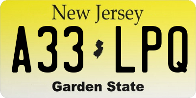 NJ license plate A33LPQ