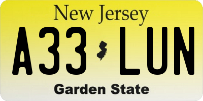 NJ license plate A33LUN