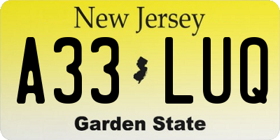 NJ license plate A33LUQ