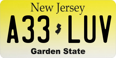 NJ license plate A33LUV
