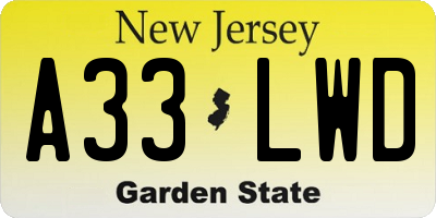 NJ license plate A33LWD
