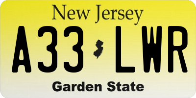 NJ license plate A33LWR