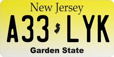 NJ license plate A33LYK