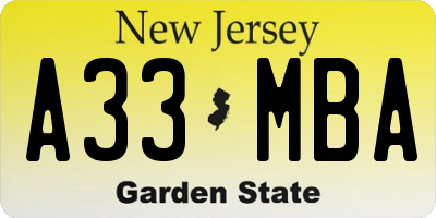 NJ license plate A33MBA