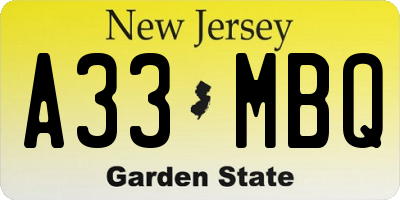 NJ license plate A33MBQ